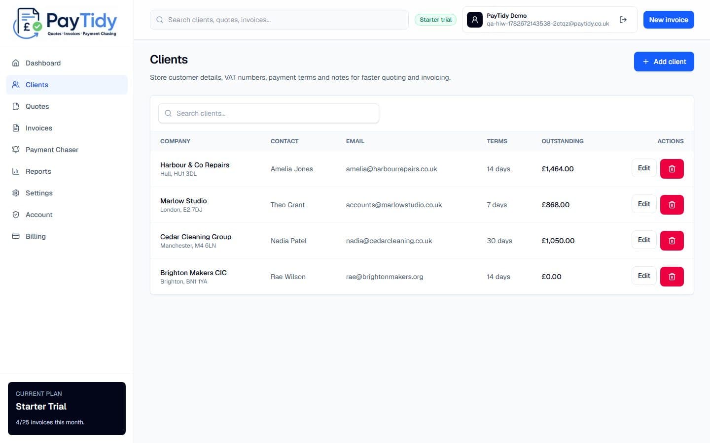 Clients screen in PayTidy Starter demo