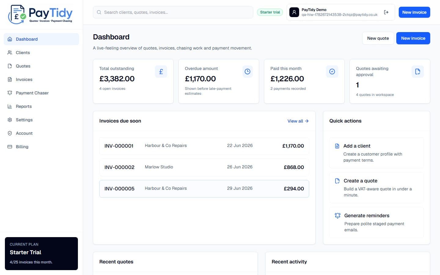 Dashboard screen in PayTidy Starter demo