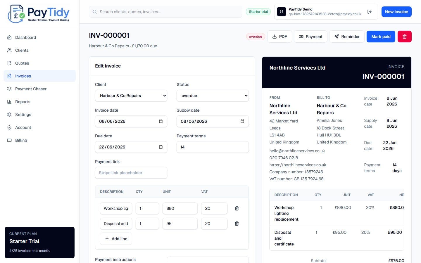 Invoices screen in PayTidy Starter demo