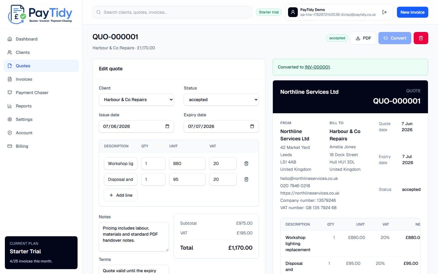 Quotes screen in PayTidy Starter demo