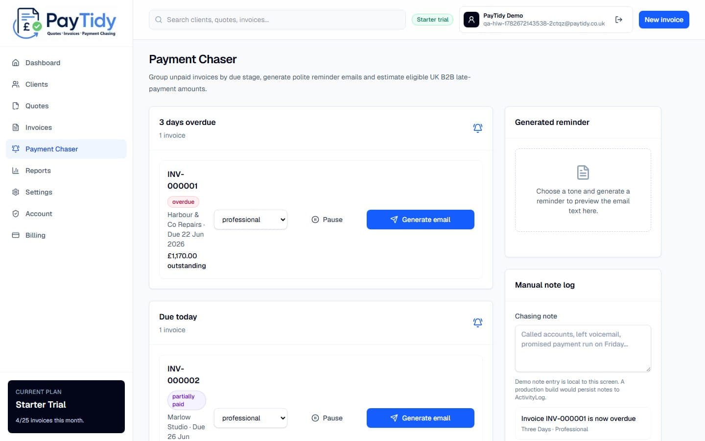 Payment Chaser screen in PayTidy Starter demo