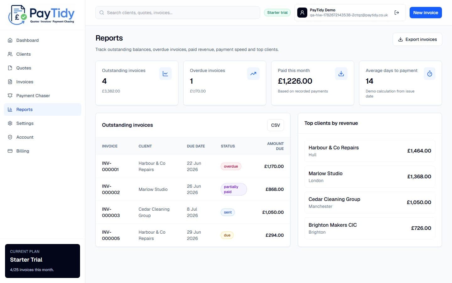 Reports screen in PayTidy Starter demo