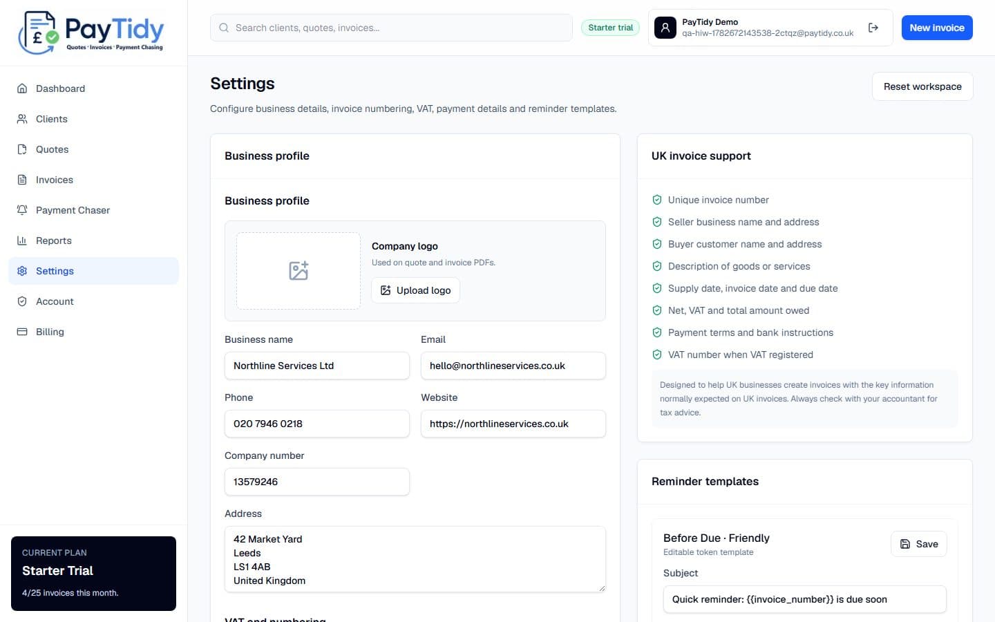 Settings screen in PayTidy Starter demo
